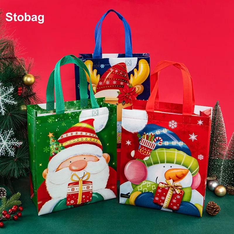 

StoBag 12pcs Merry Christmas Non-woven Bags Fabric Cloth Tote Gift Candy Package Waterproof Storage Reusable Pouch Party Favors