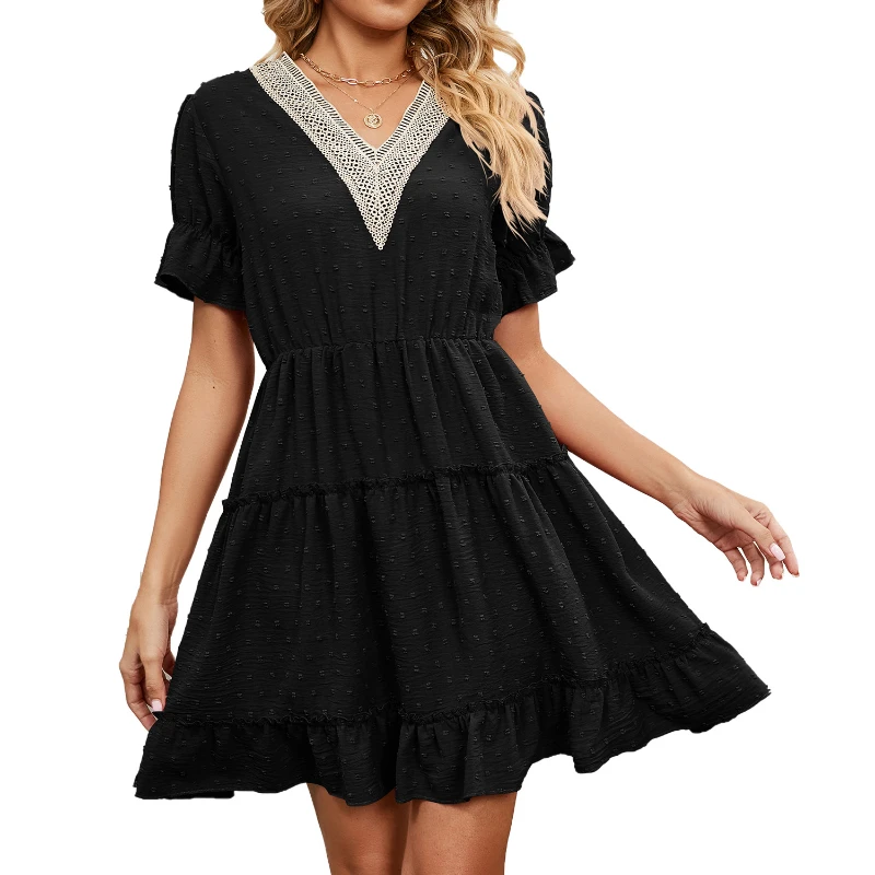 Women's Dress Fashion Clothing Summer Short Sleeve Jacquard V Neck Solid Color Casual Party Dresses Female
Women's Dress Fashion Clothing Summer Short Sleeve Jacquard V Neck Solid Color Casual Party Dresses Female