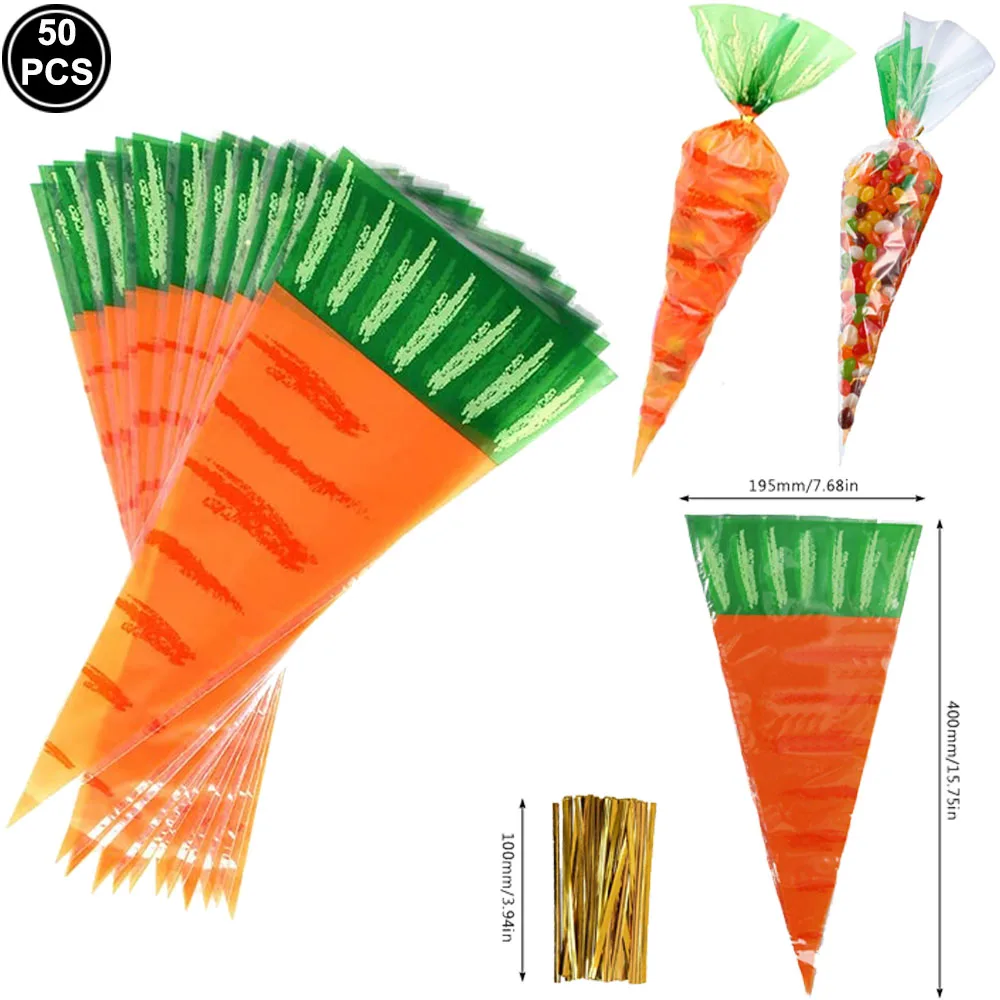 

50pcs Cellophane Carrot Shaped Goody Bags Easter Carrot Cone Plastic Bags Kids Treat Bags Gold Twist Ties for Easter Party Favor