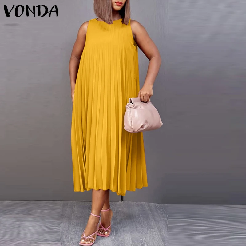 VONDA 2022 Spring Lady Round Neck Sleeveless Sundress Tank Dress A-Lined Pleated Sundress Oversized Women Casual Solid Vestidos
VONDA 2022 Spring Lady Round Neck Sleeveless Sundress Tank Dress A-Lined Pleated Sundress Oversized Women Casual Solid Vestidos