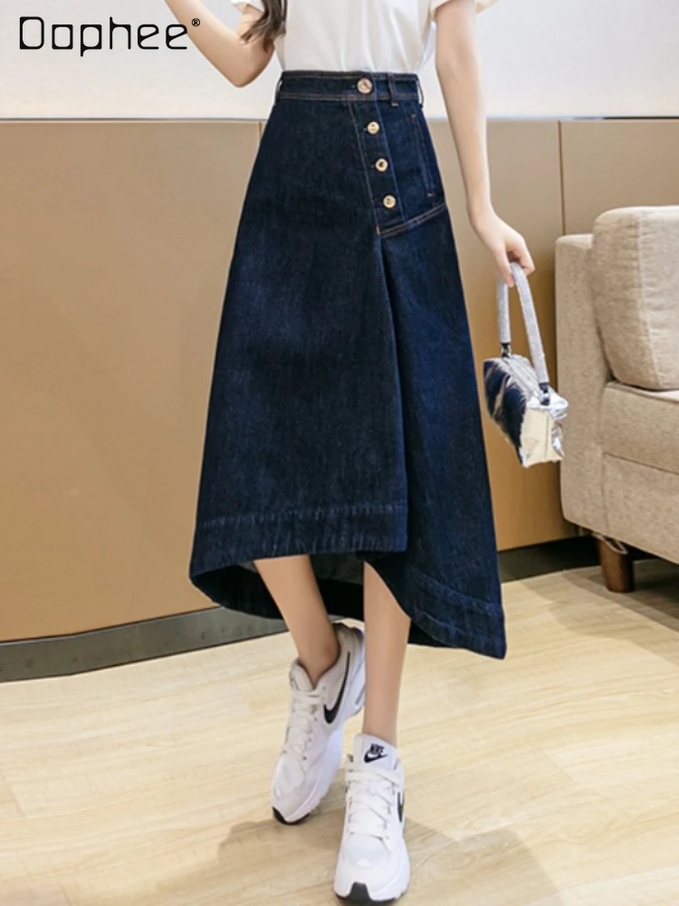 Retro Dark Blue Buttoned Asymmetrical Denim Skirt for Women 2022 Early Fall New Fashion High Waist Breasted Mid-Length Skirts
Retro Dark Blue Buttoned Asymmetrical Denim Skirt for Women 2022 Early Fall New Fashion High Waist Breasted Mid-Length Skirts