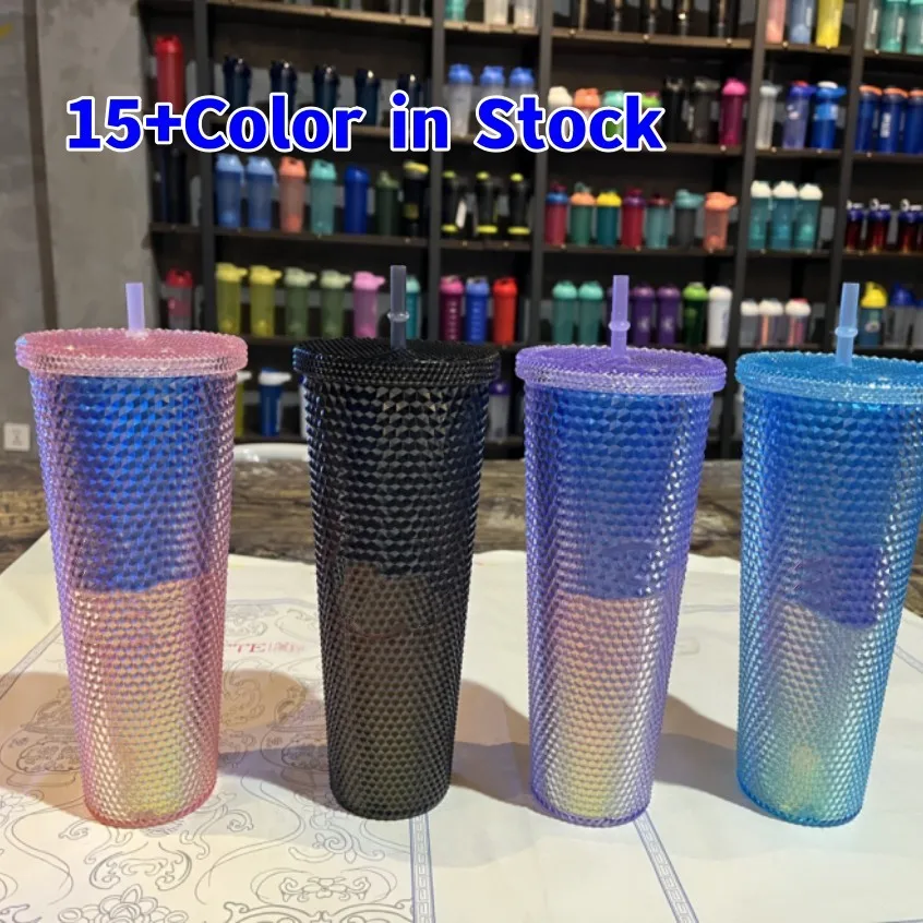 

710ml Straw Cup with Lid Quality Matte Finish Double Wall Coffee Mugs Plastic Studded Durian Tumblers Cold Bling Cup Drinkware