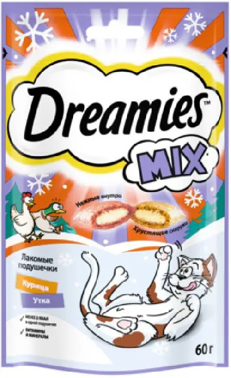 6 шт. Dreamies Лакомство MIX для взрослых кошек с курицей и уткой 60г 10240398 0 06 кг 56073 |