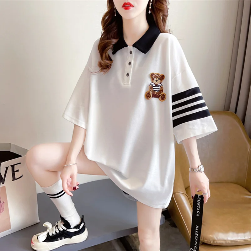 #4278 Summer White T Shirt Women Turn-down Collar Buttons Loose Cartoon Bear Womens Tshirt Cotton Short Sleeve Korean Fashion 
#4278 Summer White T Shirt Women Turn-down Collar Buttons Loose Cartoon Bear Womens Tshirt Cotton Short Sleeve Korean Fashion