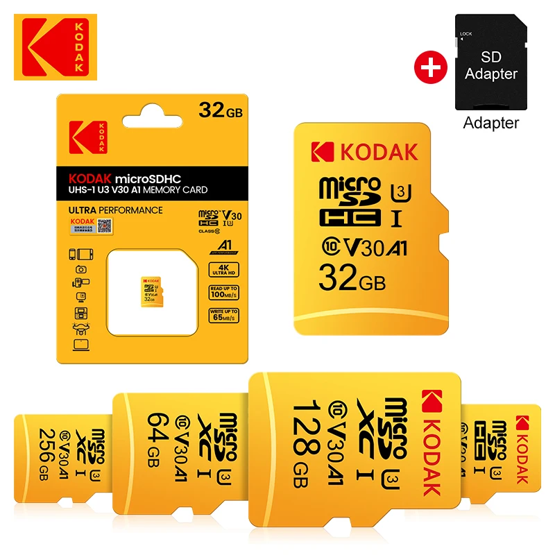 

Original KODAK Memory Card 64GB 128GB 256GB U3 V30 4K Micro SD Card 32GB SDHC UHS-I C10 A1 TF Trans Flash Microsd with Adapter