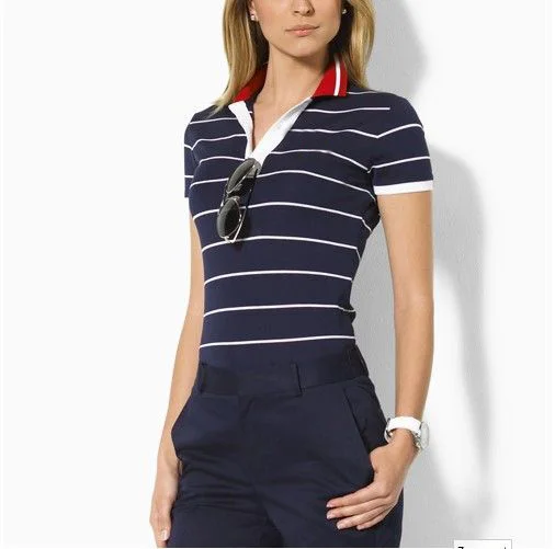 

Женская футболка в полоску с воротником из тонкого хлопка, рубашки поло с короткими рукавами