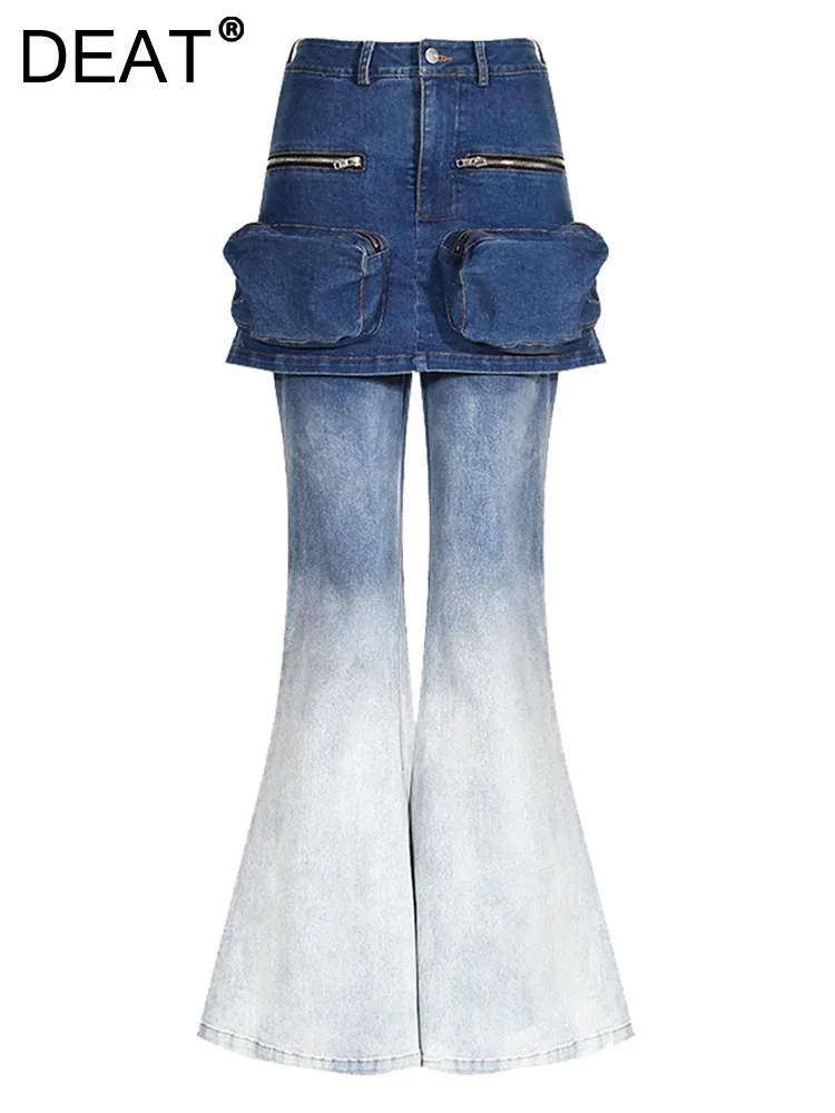 

Женские джинсы на молнии DEAT, хлопковые брюки-клеш с высокой талией и карманами, дизайнерская джинсовая юбка, новинка зимы 2023, 7AB2007