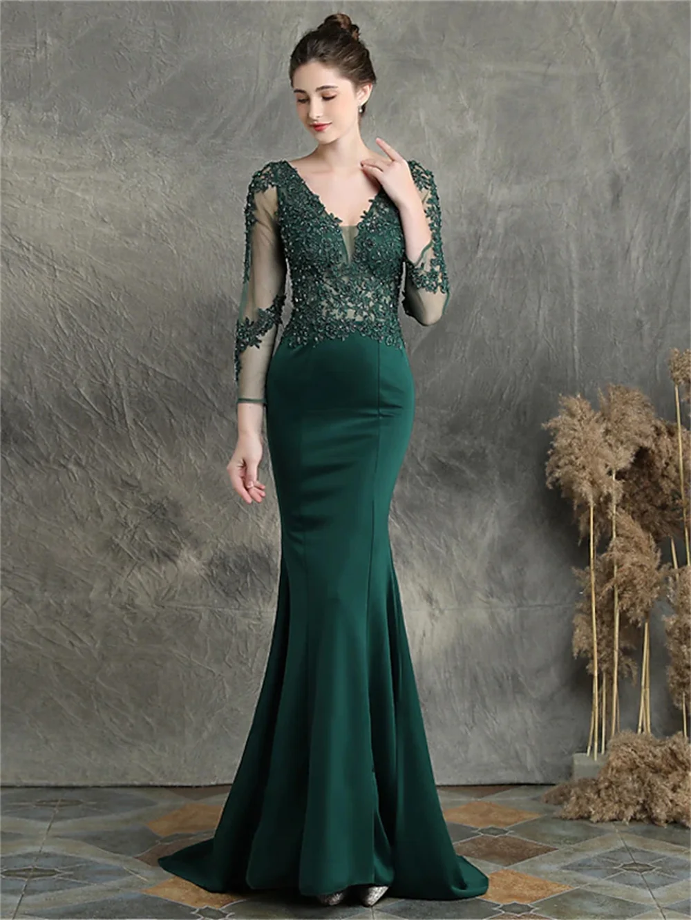

Mermaid / Trumpet Prom Dresses Elegant Formal Sweep / Brush Train Long Sleeves V Neck Cotton Blend with Beading Appliques 2022