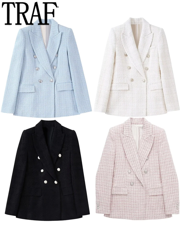 TRAF Blue Black Double Breasted Blazer Women Office Wear Elegant Female Blazer Autumn 2022 Fashion Long Sleeve Pink Tweed Jacket
TRAF Blue Black Double Breasted Blazer Women Office Wear Elegant Female Blazer Autumn 2022 Fashion Long Sleeve Pink Tweed Jacket