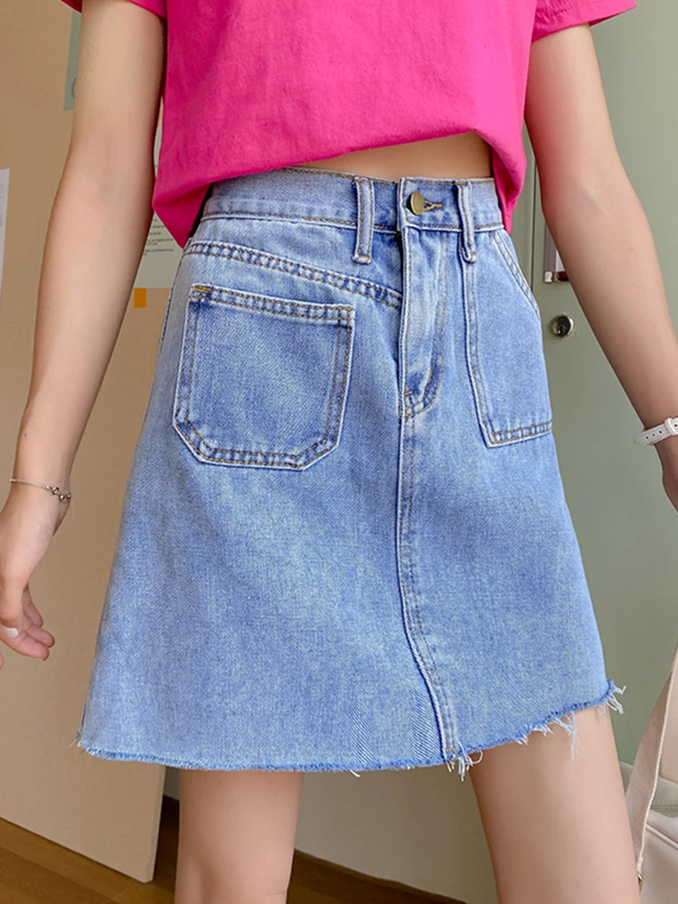 

Ailegogo Streetwear Female High Waist Raw Hem A-line Blue Denim Mini Skirt Summer Women Asymmetrical Jeans Skirts Bottoms