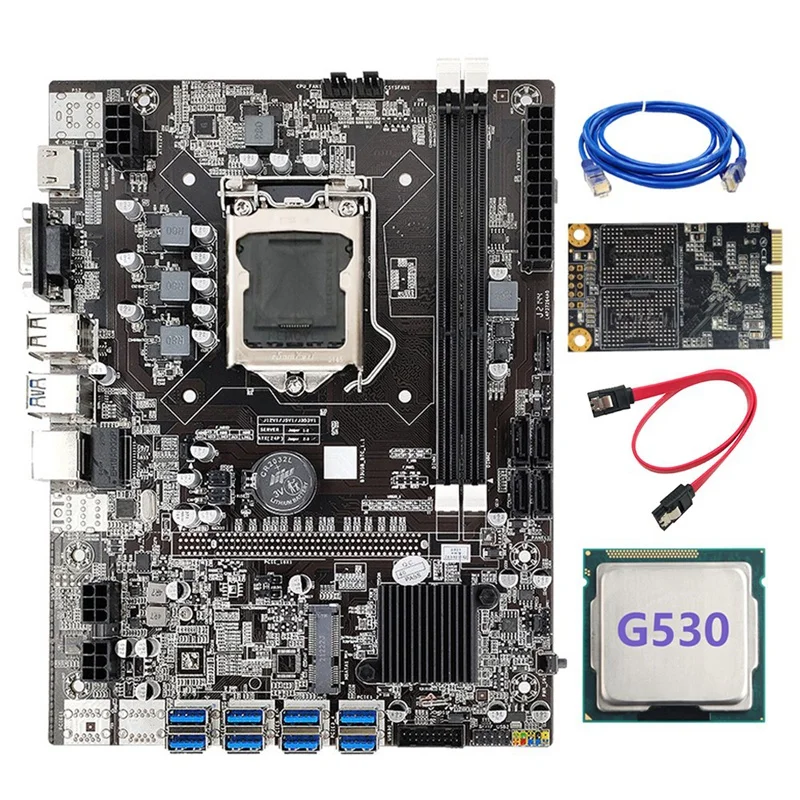 

B75 BTC Mining Motherboard LGA1155 8GPU PCI-E 1X 16X G530 CPU+RJ45 Network Cable+SATA Cable+MSATA SSD 128G ETH Miner