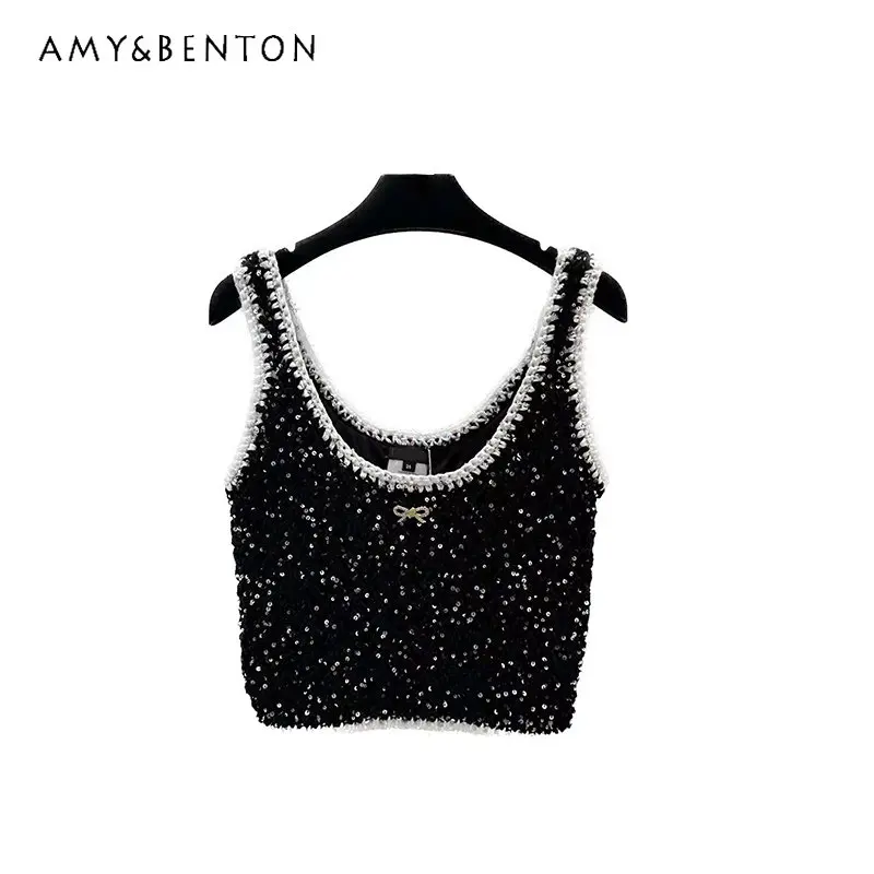 2023 Summer Top And Shorts 2 Pieces Set Sleeveless Heavy Industry Crystal Sequin Camisole Bow Hollow Knitted Shorts Women's Suit
2023 Summer Top And Shorts 2 Pieces Set Sleeveless Heavy Industry Crystal Sequin Camisole Bow Hollow Knitted Shorts Women's Suit