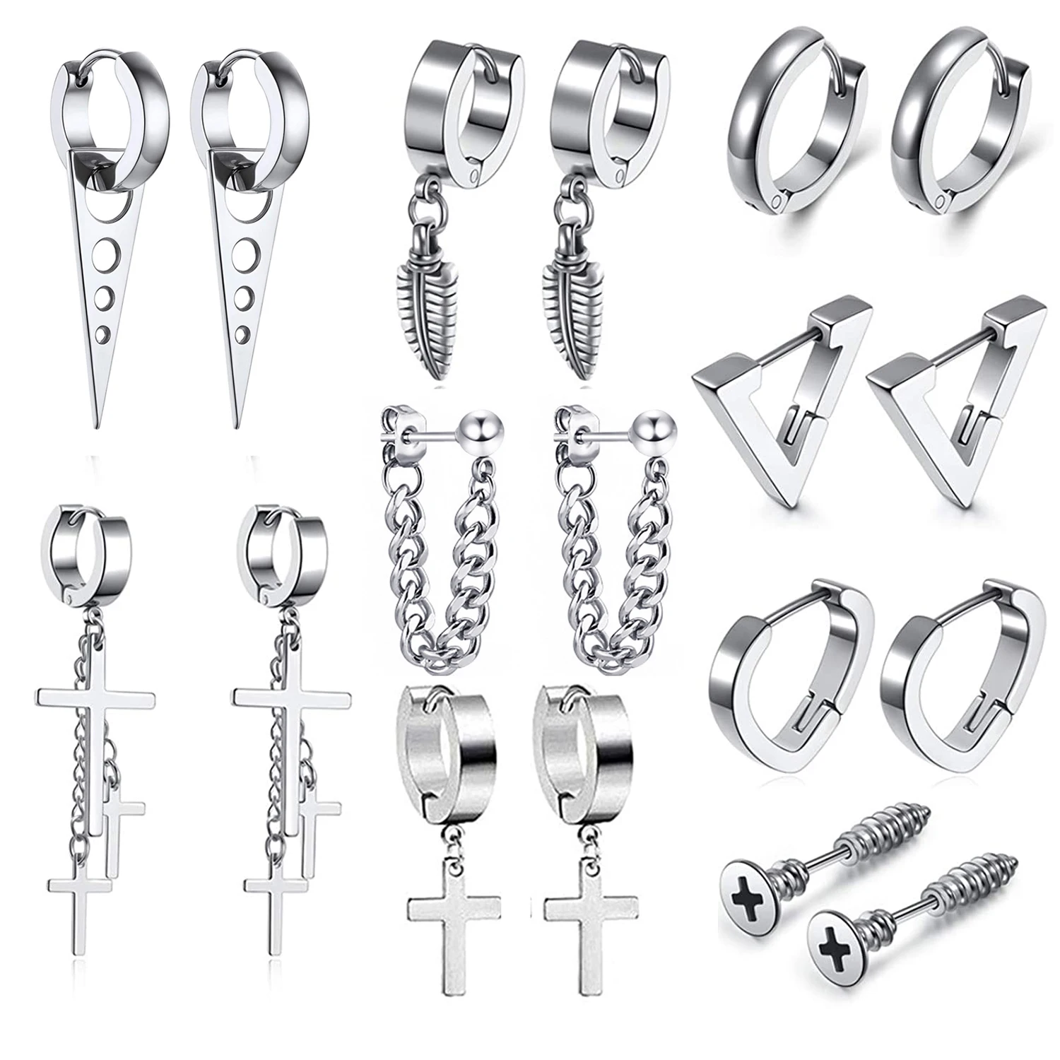 

1Pair Silver Men Earrings Stud Stainless Steel Cross Dangle Chain Huggie Hinged Hoop Earrings Set for Men Women Piercing Jewelry