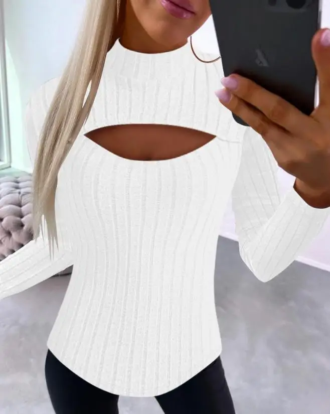 

2023 Autumn New Cutout Y2K Fashion Casual Daily Mock Neck Long Sleeves Ribbed Top Basic Versatility Blouse Top for Woman