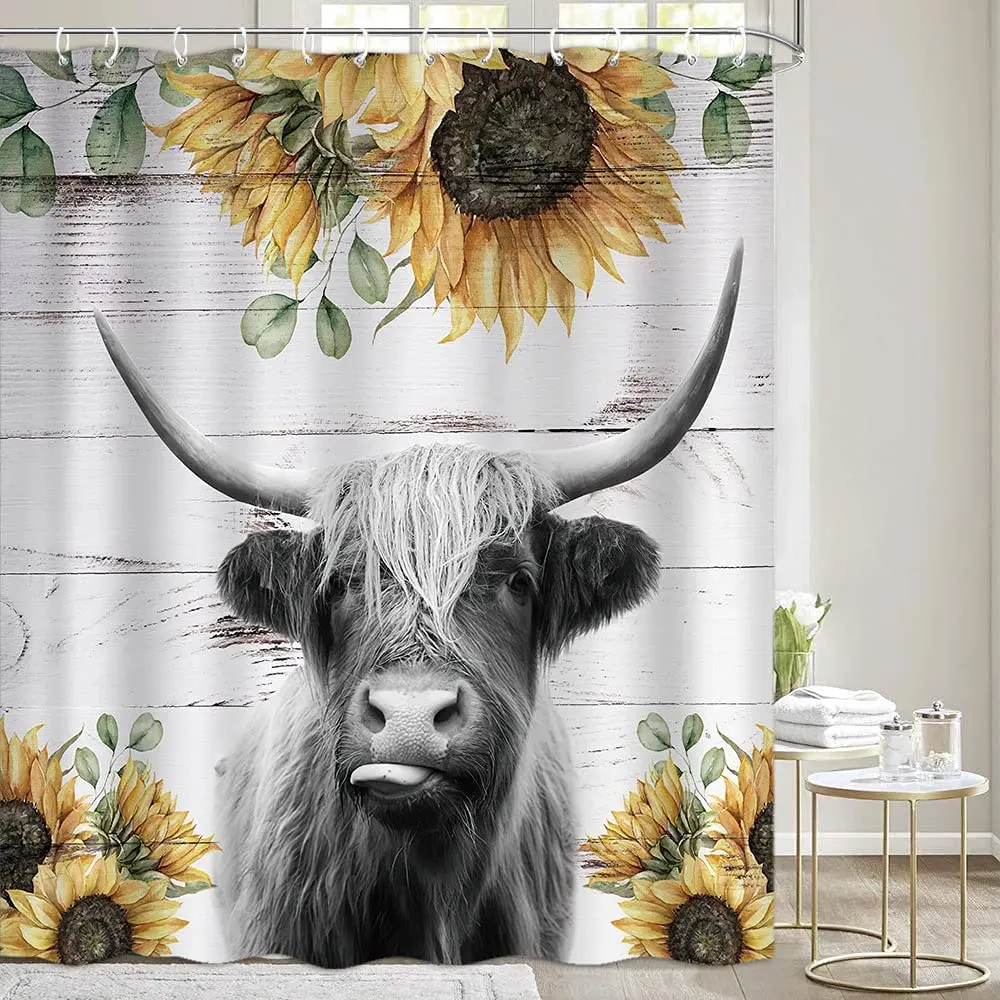 

Highland Cow Shower Curtains Sets for Bathroom Funny Rustic Farmhouse Cattle Bull Farm Animal with Sunflower on Rustic Wooden