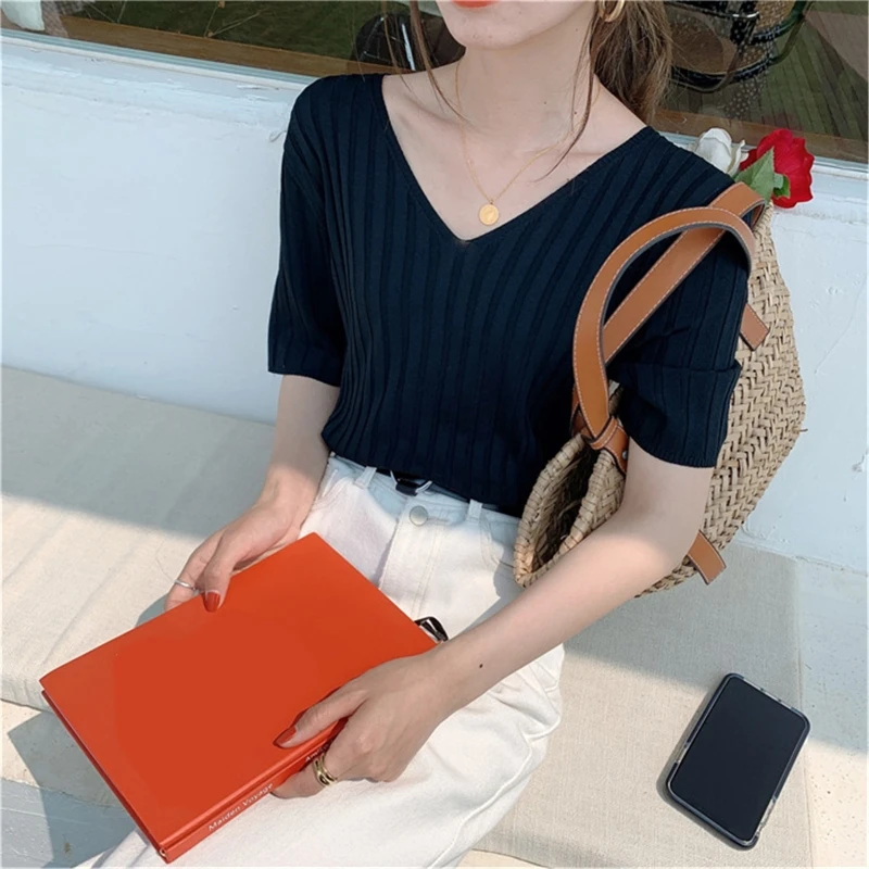 L5YA Candy Color Short Sleeve Top Women Solid Ribbed Knit V-Neck Casual Loose T-Shirt
L5YA Candy Color Short Sleeve Top Women Solid Ribbed Knit V-Neck Casual Loose T-Shirt