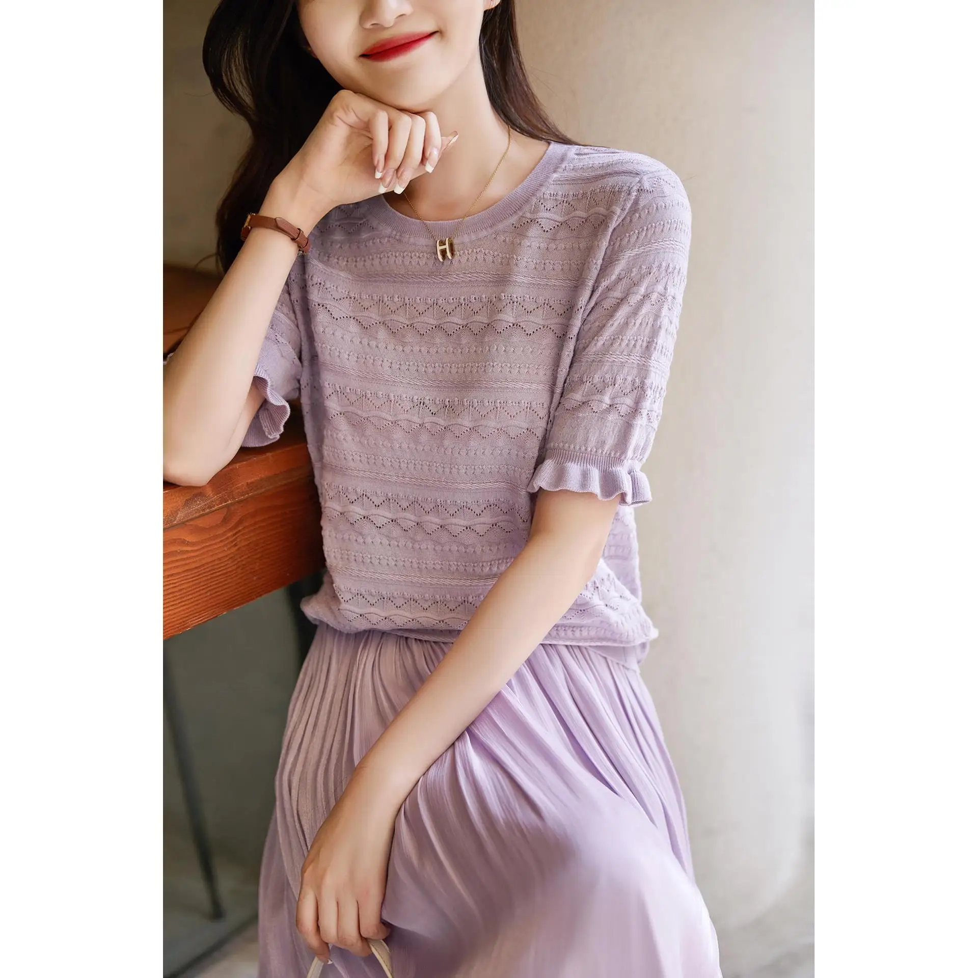 Gentle French breath Lyocell + cotton crewneck sweet temperament hollow knit pullover female summer
Gentle French breath Lyocell + cotton crewneck sweet temperament hollow knit pullover female summer