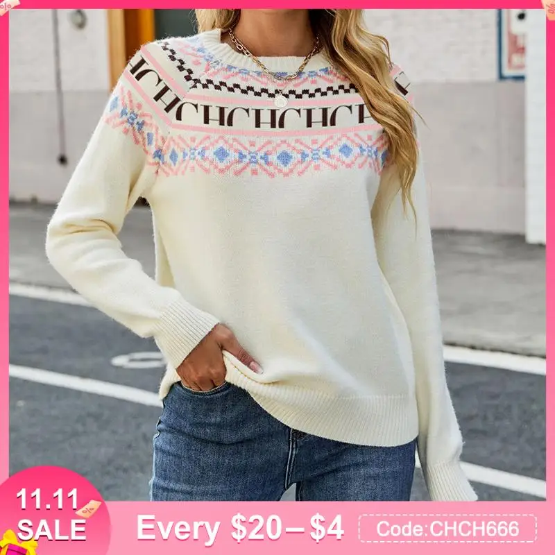 

Vintage Winter Women Sweater Clothing 2023 Jumper Knit Commuting Tops Patchwork Boho Casual Slim Pullover Fashion Female Top