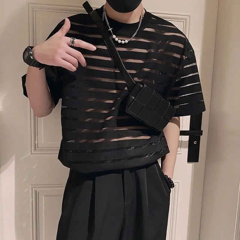 Korean New Men's Clothing Fashion Hollow Out Striped Tops Man Comfortable Breathable Lace Thin Style T-shirt
Korean New Men's Clothing Fashion Hollow Out Striped Tops Man Comfortable Breathable Lace Thin Style T-shirt