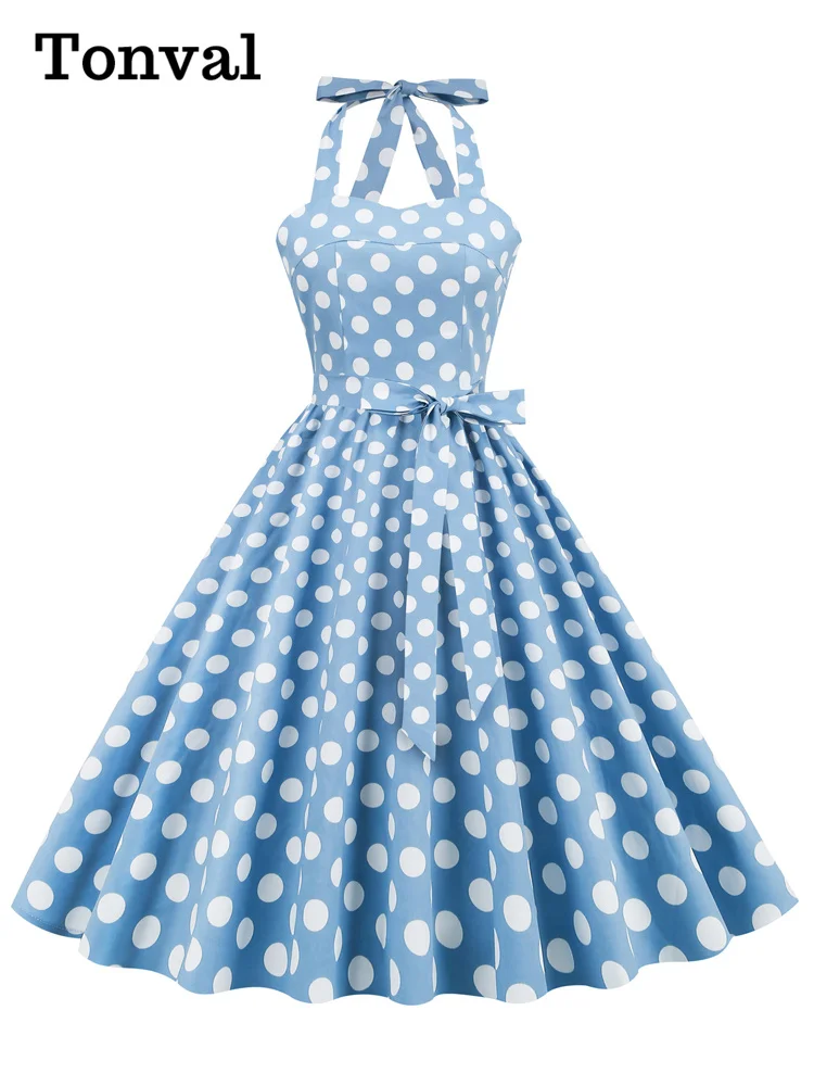 

Tonval Halter Neck 50s Pin Up Polka Dot Vintage Corset Dress Elegant Backless Party Sexy Robe Women Fit and Flare Pocket Dresses