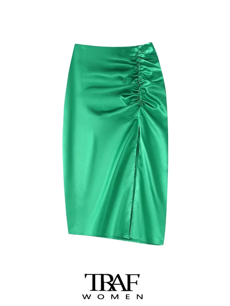 TRAF Women Fashion Front Slit Gathered Satin Midi Skirt Vintage High Waist Back Zipper Female Skirts Mujer
TRAF Women Fashion Front Slit Gathered Satin Midi Skirt Vintage High Waist Back Zipper Female Skirts Mujer