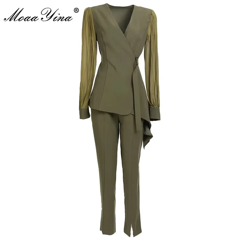 

MoaaYina Fashion Designer Autumn Solid Pants Suit Women V Neck Long sleeve Belted Asymmetric Top + Pants 2 Pieces Set