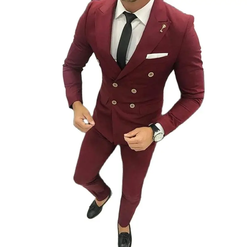 

Slim Fit Double Breasted Wedding Suits for Men Peaked Lapel Burgundy Male Business Formal 2 Pieces Prom Groom Tuxedo Fashion