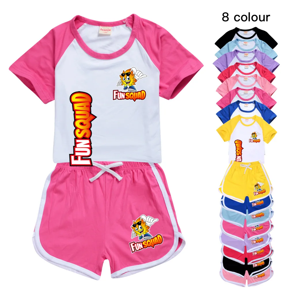 

Летние Детские комплекты с героями мультфильмов, веселая команда, игровая детская спортивная одежда для мальчиков, футболка с коротким рукавом + штаны, кавайная одежда для маленьких девочек