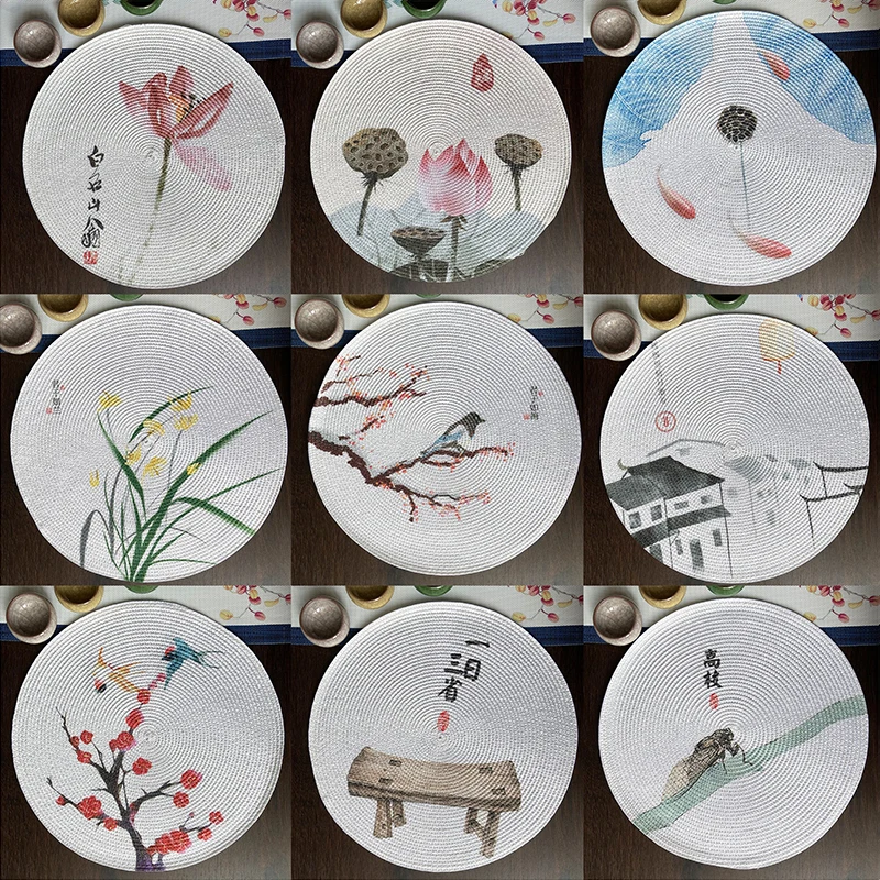 38CM Chinese Style Woven Round Placemats Hotel Insulation Mats Lotus Flowers Birds Fish Printed Coasters Home Kitchen Decoration
38CM Chinese Style Woven Round Placemats Hotel Insulation Mats Lotus Flowers Birds Fish Printed Coasters Home Kitchen Decoration