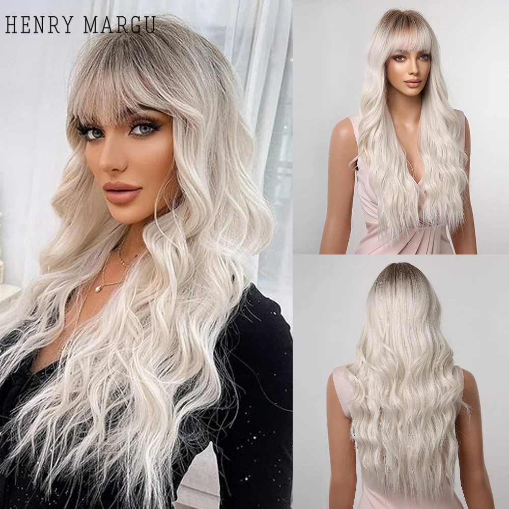 

HENRY MARGU Long Platinum Blonde Natural Wavy Synthetic Wigs With Bangs Ombre White Wig for Women Party Heat Resistant Fake Hair