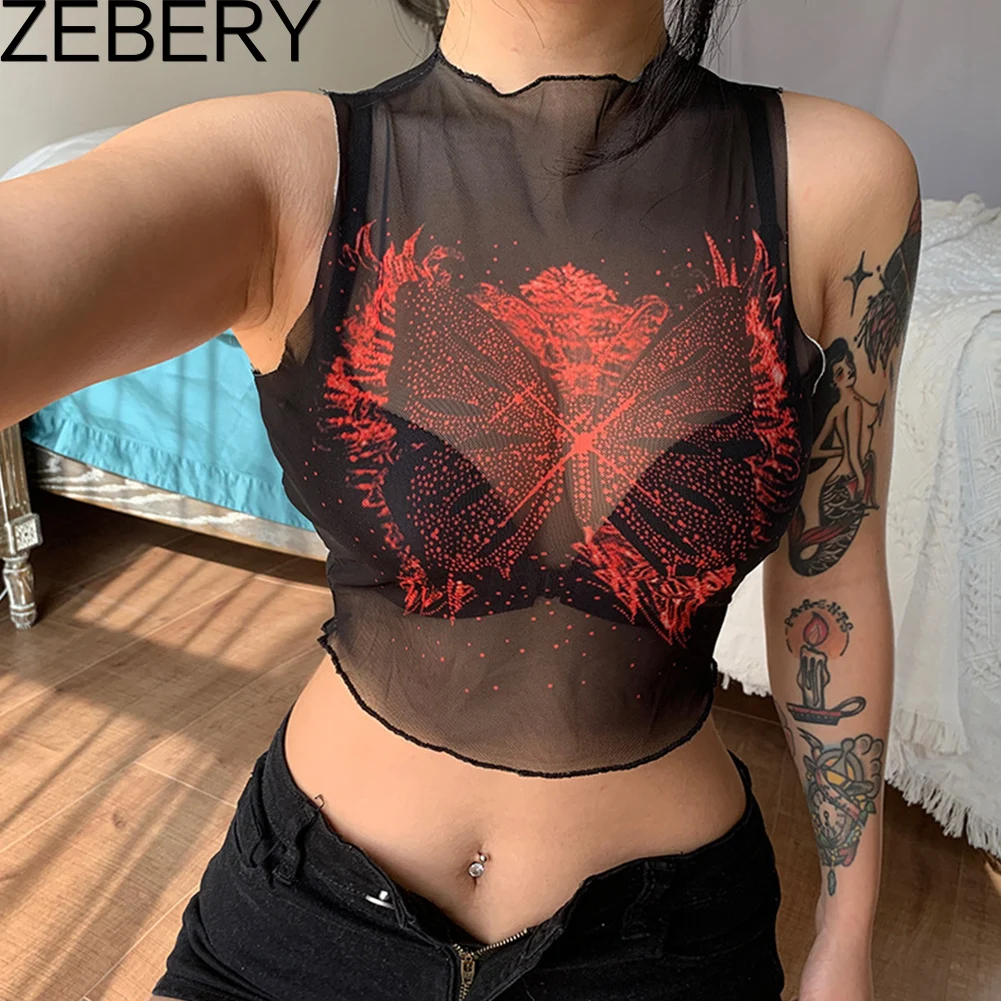 ZEBERY See Through Sexy Mesh Tops Women Rave Clubwear Butterfly Print Graphic Tee Cropped Sleeveless Slim Streetwear Tank Vest
ZEBERY See Through Sexy Mesh Tops Women Rave Clubwear Butterfly Print Graphic Tee Cropped Sleeveless Slim Streetwear Tank Vest