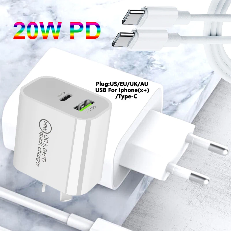 Быстрое зарядное устройство QC3.0/PD 20 Вт с двумя портами для быстрой зарядки вилкой