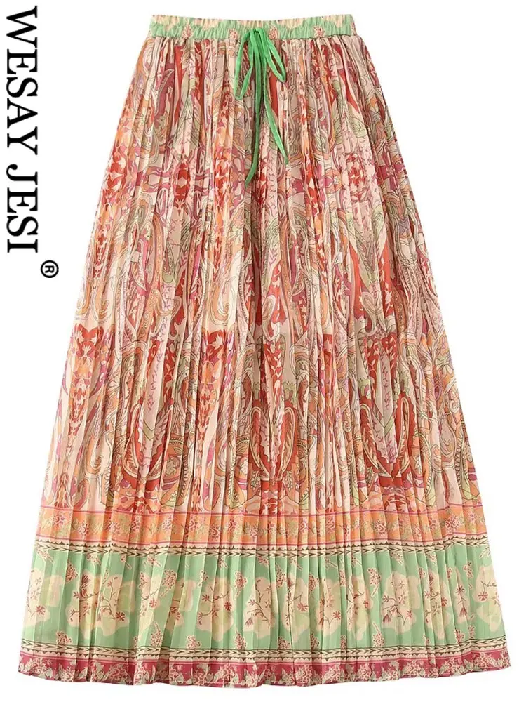 

WESAY JESI Lady Vintage Elegant Pleat Long Skirt Printed Elastic Drawstring Lined Swing Skirt Chinese Style Fashion Summer Women