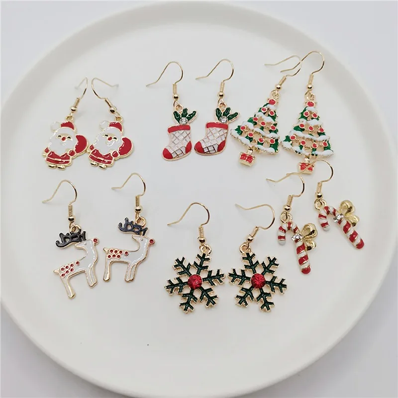 

6pairs/Set Mixed Style Colorful Christmas Earrings Set For Women Fashion Snowman Bells Snowflake Hanging Earings Jewelry