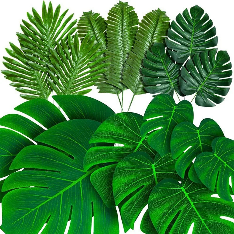 

Hot SV-96PCS Palm Leaves Artificial Tropical Monstera Faux Palm Fronds Monstera Stems Luau Hawaiian Party