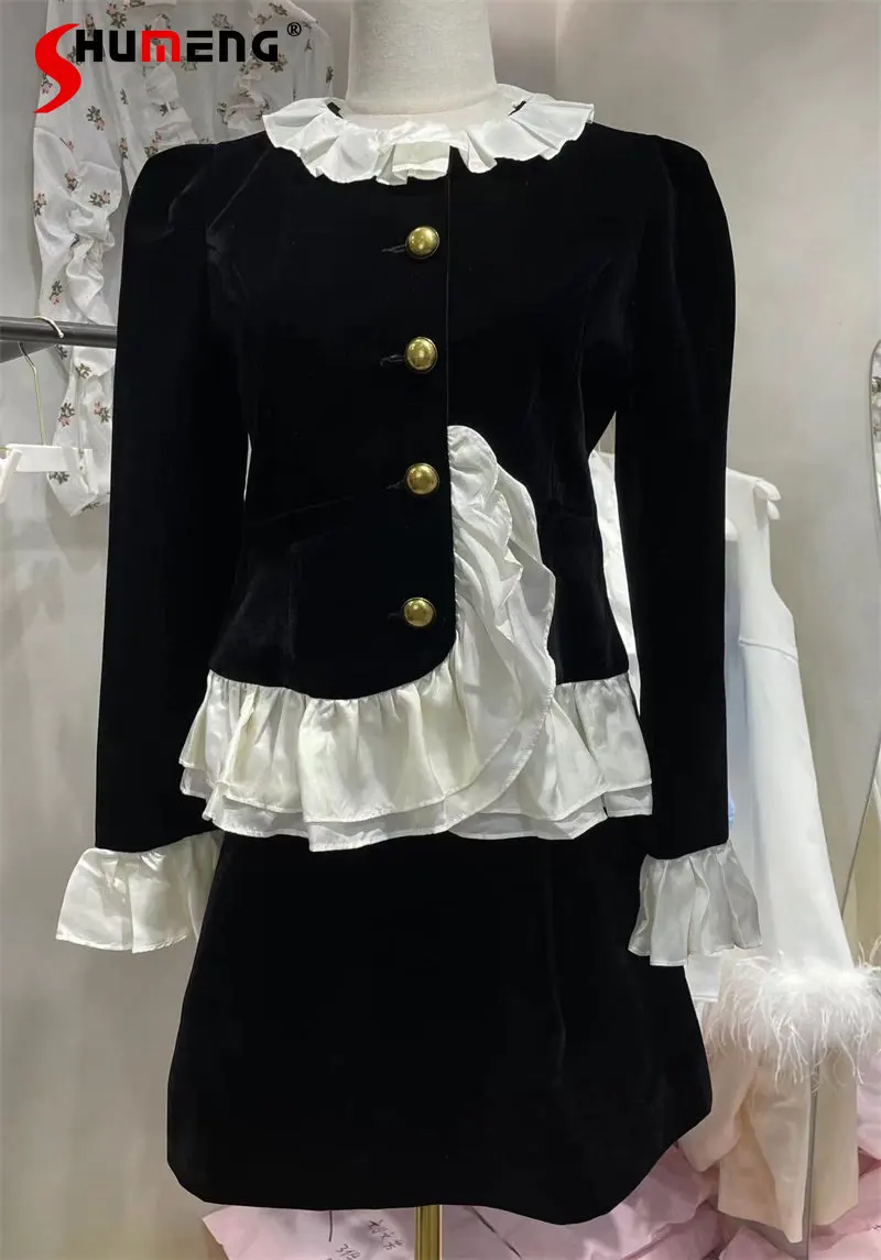 High-End Velvet Patchwork Ruffled Long Sleeve Black Short Coat Jacket Top Women High Waist Slimming Hip Mini Skirt Two-Piece Set
High-End Velvet Patchwork Ruffled Long Sleeve Black Short Coat Jacket Top Women High Waist Slimming Hip Mini Skirt Two-Piece Set
