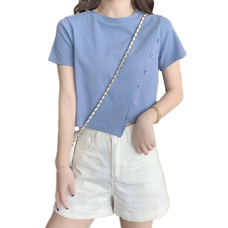 

Summer Solid T-shirt Casual Irregular Short Tshirt Women Short Sleeve Oblique Buttons T Shirt Elegant Female All-match Tee Tops