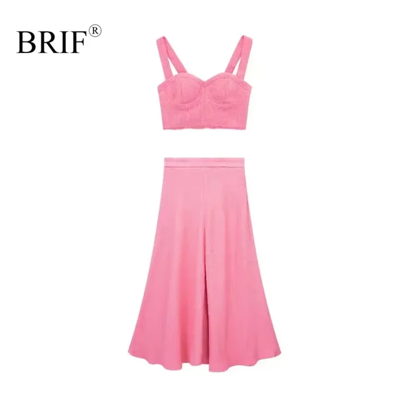 

BRIF Women Fashion Pink Textured Bustier Tank Top & High Waist A-Line Midi Skirt Solid Color Casual Girls Streetwear