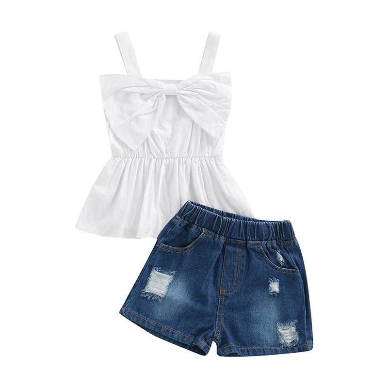 1-5Y Toddler Baby Girl Summer Clothes Set Solid Color Bow Sleeveless Tank Tops + Elastic Waist Ripped Denim Shorts Children
1-5Y Toddler Baby Girl Summer Clothes Set Solid Color Bow Sleeveless Tank Tops + Elastic Waist Ripped Denim Shorts Children