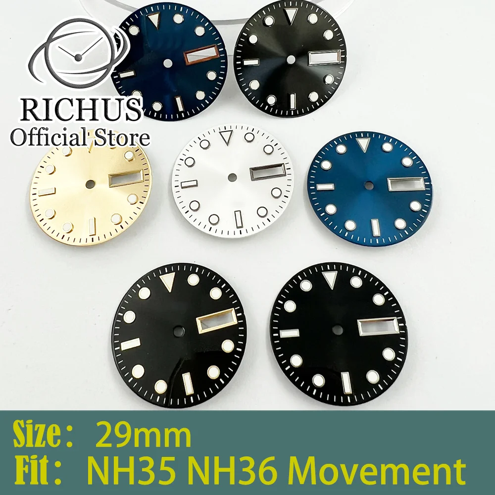 29mm sterile luminous dial fit NH35 NH36movement Green Luminous face Black blue white dial
29mm sterile luminous dial fit NH35 NH36movement Green Luminous face Black blue white dial