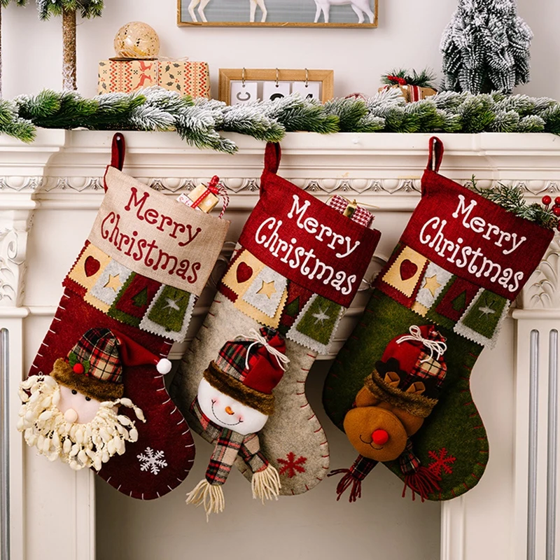 

Merry Christmas Stocking Elk Santa Snowman Xmas Gift Bags Navidad Hanging Socks Ornaments New Year Natal Candy Package