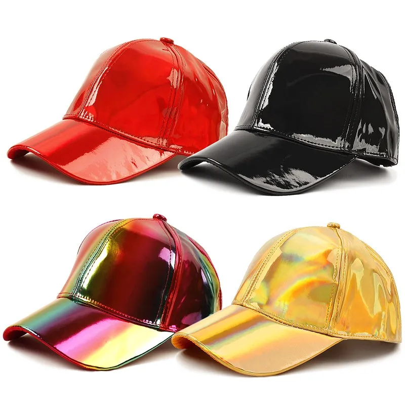 

Women Faux Leather Baseball Cap Glitter Metallic Holographic Rainbow Reflective Hip Hop Adjustable Strapback Peaked Hat