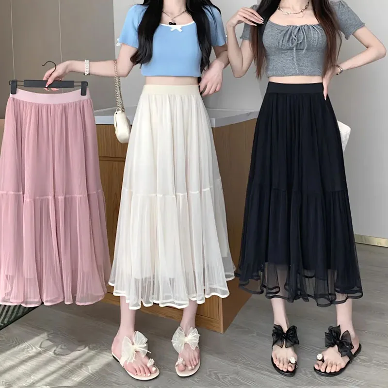 Summer Solid Color Tulle Skirts Women Korean Elastic High Waist Long Skirt Woman Fashion Patchwork Mesh Pleated Skirts 
Summer Solid Color Tulle Skirts Women Korean Elastic High Waist Long Skirt Woman Fashion Patchwork Mesh Pleated Skirts
