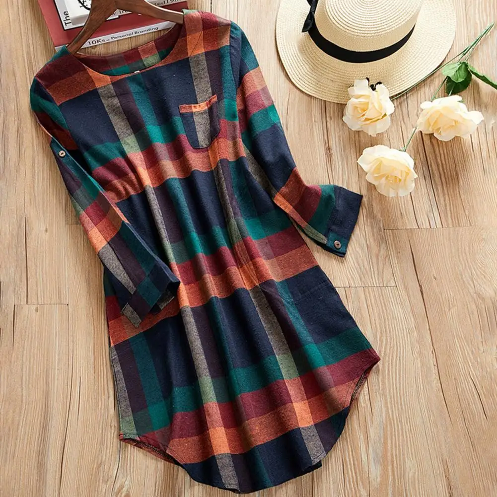 Women Shirt O-neck Long Sleeve Patch Pocket Arc Hem Classic Plaid Print Casual Mid-length Shirt Blouse Female Clothing
Women Shirt O-neck Long Sleeve Patch Pocket Arc Hem Classic Plaid Print Casual Mid-length Shirt Blouse Female Clothing