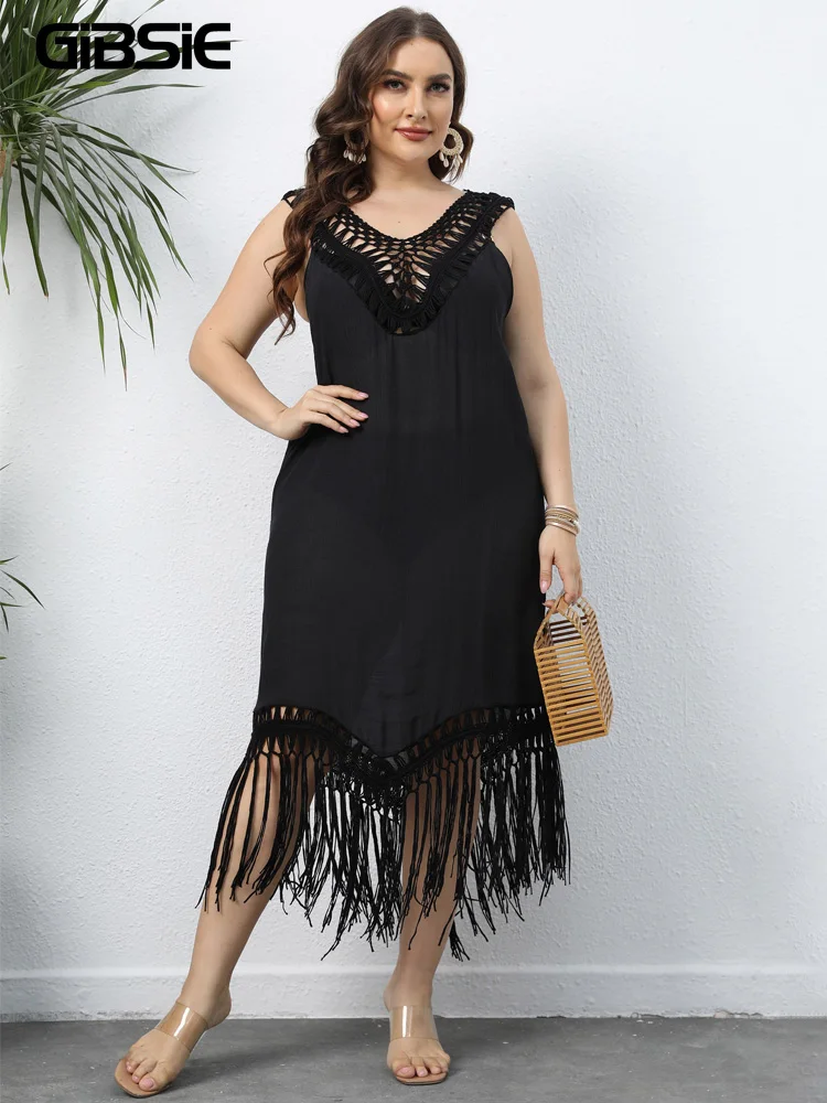 GIBSIE Plus Size Solid Hollow Out Tassel Hem Beach Dresses Women Summer Vacation Midi Sundress Boho V-neck Black Tank Dress
GIBSIE Plus Size Solid Hollow Out Tassel Hem Beach Dresses Women Summer Vacation Midi Sundress Boho V-neck Black Tank Dress