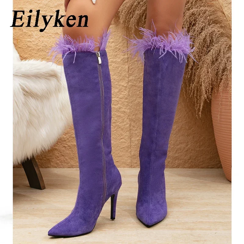 

EilyKen/стильные женские сапоги до колена с острым носком и искусственным мехом пикантная обувь на тонком высоком каблуке Зимние Туфли-лодочки для ночного клуба и выпускного вечера