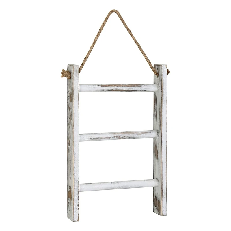 3-Tier Mini Whitewashed Wood Wall-Hanging Hand Towel Storage Ladder With Rope 
3-Tier Mini Whitewashed Wood Wall-Hanging Hand Towel Storage Ladder With Rope