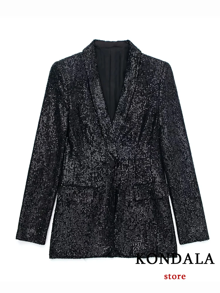 

KONDALA винтажный однотонный черный тонкий женский блейзер с блестками Сексуальная уличная одежда Y2K пиджак для вечерние модная 2022 верхняя оде...