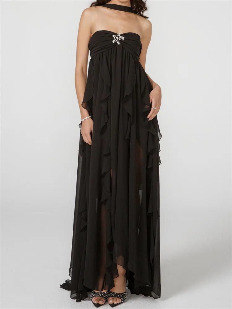 

Женское длинное платье-футляр hirigin Y2K, пикантное вечернее платье без бретелек с открытыми плечами и кисточками, с оборками, с лямкой на шее и открытой спиной, 2023