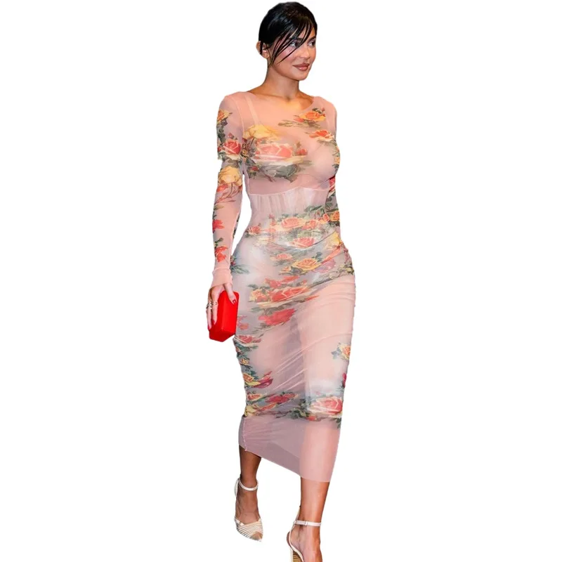 European And American Style Summer Women's New Spicy Girl Sexy Mesh Perspective Floral Print Long Sleeved Slim Fitting Dress
European And American Style Summer Women's New Spicy Girl Sexy Mesh Perspective Floral Print Long Sleeved Slim Fitting Dress
